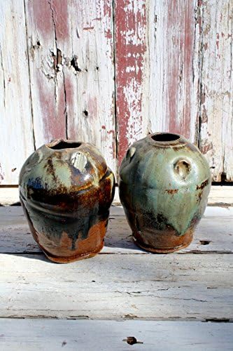 Set of Two Green to Amber Bud Vases, Scented Oil Diffusers, Scented Oil Containers, Petite Flower Vases