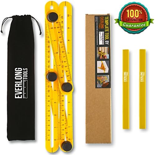 Angle-izer Template Tool - IMPROVED Multi Angle Ruler Measuring Tool, Angle Measurement Tool, FREE BONUS - 2 Carpenter pencils, for Handymen, Craftsmen, Engineers, Carpenters, DIY By EVERLONG TOOLS