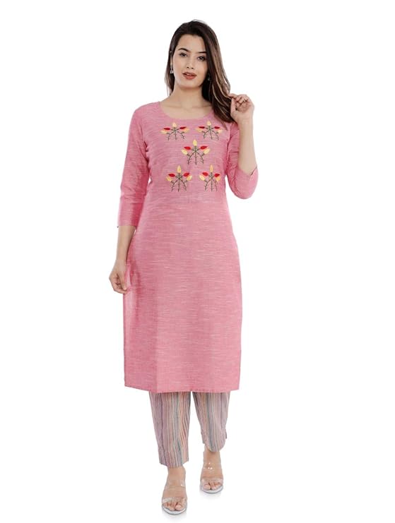 Womens Cotton Embroidred Kurta With Printed Pant Set (Pink)
