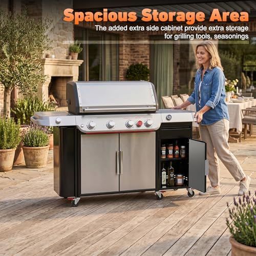 onlyfire Weber Genesis 2022 Series Gas BBQ Side Storage Cabinet | S/E/SPX/EPX-335/435 Built-in Gas Barbecue Storage Cart with Drawer and Kitchen Towel Holder