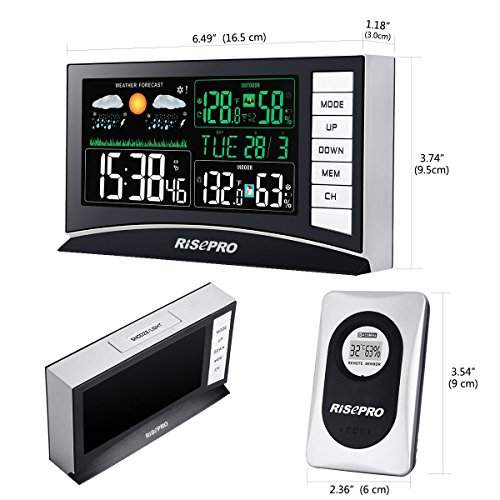 RISEPRO Weather Station, Wireless Weather Station with 3 Sensors in/Out Temperature and Humidity Alarm Clock Calendar Weather Forecaster with Color Led Display RP-WS2003N