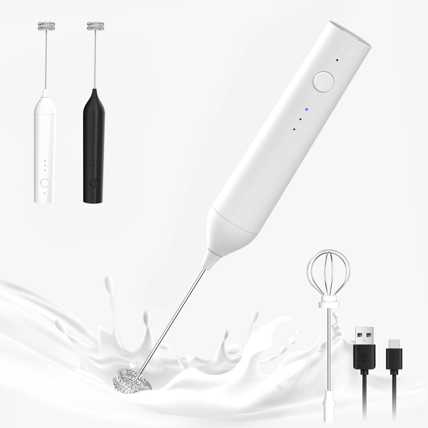 ELMWAY 3-Speed Rechargeable Milk Frother – Handheld Electric Whisk for Coffee, Latte & Matcha, USB-C Charging, 2 Whisks & Long-Press Stop Function – White