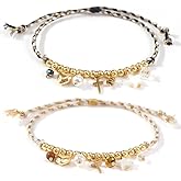 Opalencian 2PCS/set Two-color Rope Pearl Cross Heart Star Adjustable Bracelet for Women,Charm Beads Couple Bracelet,Handmade Fashion Jewelry Gifts
