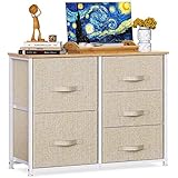 Fabric Dresser with 5 Drawers, Vertical Wide Dresser Storage Tower, Organizer Unit with Wood Top and Easy Pull Handle for Closets, Living Room, Nursery Room, Hallway by Pipishell