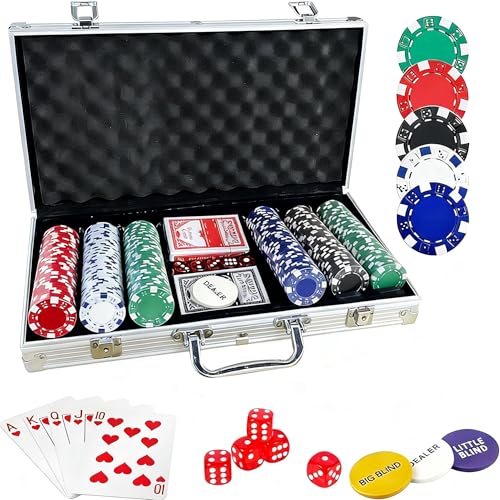 ACOVARK Juego de Poker de 311 Piezas,Juego de Fichas de Poker,300 Fichas Profesionales con 2 Barajas de Cartas y 5 Dados,con Estuche de Transporte de Aluminio,Apto para Adultos