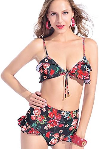 Womens Bikini Swimsuit Swimming Pants Fashion Sexy Tall Waist Backless Floral Color (Split 2 Piece)(S)