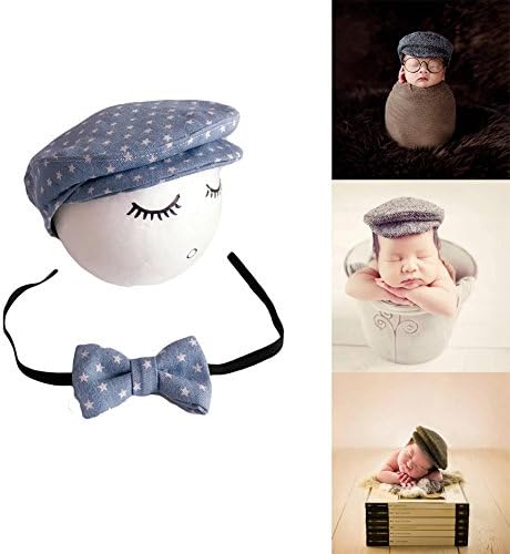 Newborn Baby Photography Props Boy Girl Crochet Knit Fashion Cute Gentleman Hat with Bow Tie Baby Photo Shoot Outfits(Light Blue)