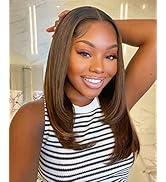 Highlight Brown Lace Front Wig Synthetic Natural Straight Wig with Dark Roots Layered T Part Ombr...