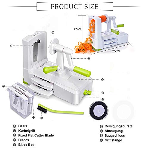 5 IN 1 Spiralizer Vegetable Slicer , Powerful Food Slicer Anti-Slip Sucker Spiral Slicer for Zucchini Noodles and Veggie Pasta Maker