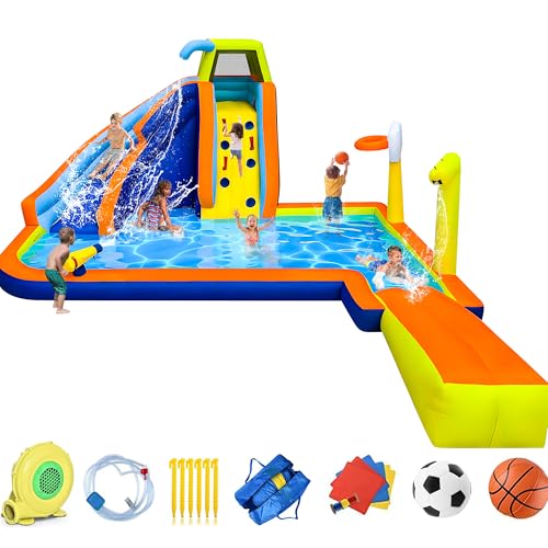 RETRO JUMP Inflatable Water Slide 8 in 1 Bounce House for Kids Backyard Waterslide with Slide,Climbing Wall,Splash Pool,Basketball Rim,Sprinkles,Water Gun,480W Blower Included,Water Park for Summer