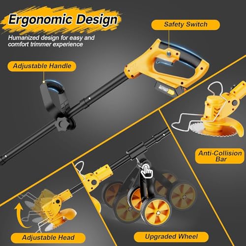 Electric Weed Wacker Cordless with Wheels,Electric Weed Eater Battery Powered 4000mAh,4 in 1 Grass Trimmer/Brush Cutter/Grass Edger/Lawn Mower,No String Trimmer with Blade,2 Battery