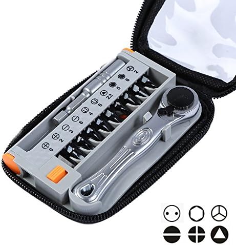 Genubi 12 in 1 Pocket Mini Offset Precision Wrench Racheting Screwdriver Set With Bits Set, 1/4-Inch Drive, Reversible With Belt Clip Carrying Bag, Electronic Computer Laptop Repairing Tool