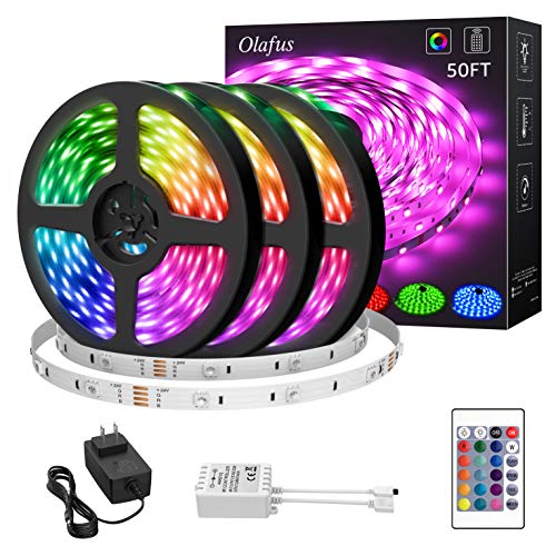 Olafus 50ft RGB LED Strip Lights Kit, Power Adapter, Dimmable Color