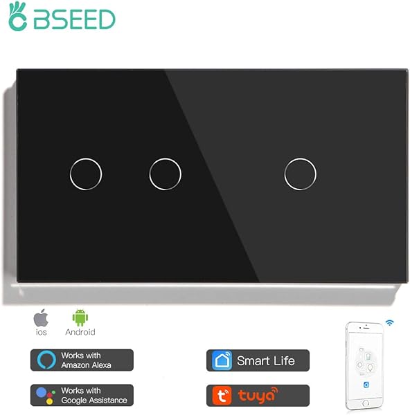 BSEED Interruptor de Luz Inteligente de Alexa Tctil 2 Gang 1 Va und 1 Gang 1 Va Neutralstrom Erforderlich AlexaTuyaGoogle Home kompatible Vidrioscheibe 157 86 Negro