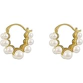 Double Pearl Earrings for Women Dainty Pearl Hoop Earrings Geometric Gold Pearl Earrings Wedding Jewelry Gifts for Brides Party Wedding Guest Dresses Accessories for Women