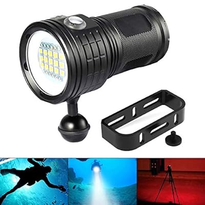 SecurityIng 18000LM 7 Modes 80M Scuba Diving Flashlight, Wide Beam Angle Waterproof 15x White + 6X Red + 6X Blue Fill Light Dive Photography Video Torch with Ball Joint -Battery Not Included