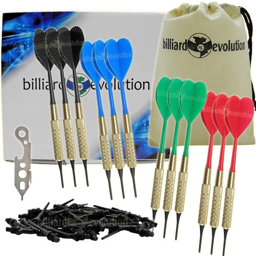 Set of Twelve Brass 2ba 16gm Soft Tip Bar Darts, 100 Black Dart Tips, & Dart Wrench