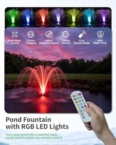 POPOSOAP Floating Pond Fountain & Aerator Complete Kit with LED Lights, 4500 L/h Water Pump, 9m Power Cord, 3 Spray Styles for Ponds, Pools, Lakes & Water Gardens