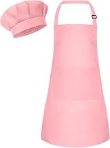 Bouiexye Kids Apron and Chef Hat Set Pink Adjustable with Pockets