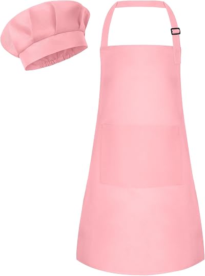 Bouiexye Kids Apron and Chef Hat Set Pink Adjustable with Pockets