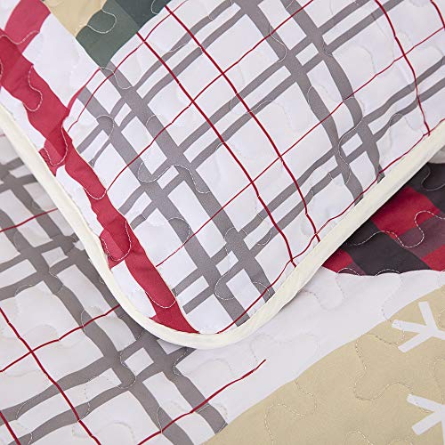 Christmas Quilt Set Rustic Christmas Santa Tree Snowman Pattern Printed Bedding Solid Quilted Bedspread Coverlet with 2 Pillow Shams for All Seasons, Soft Microfiber Quilt 90*90 inches (Queen, 3Pcs)