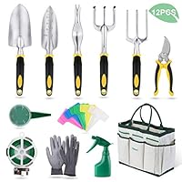 YISSVIC Garden Tools Set 12 Pieces Heavy Duty Gardening Kit cast Aluminum with Soft Rubberized Non-slip Handle,Durable Storage Tote Bag and Pruning Shears, Gardening Supplies Gifts for Men Women