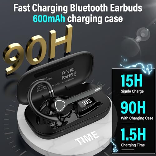 Bluetooth Headset with APTX HD Audio, Wireless Hands-Free Earpiece with CVC 8.0/ENC Dual Mic, Mute Button & Dual Device Connection, 90H Playtime Single-Ear Headphone for Trucker, Business, Black