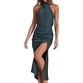 Satin Halter Backless Silt Midi Dress for Women 2024 Elegant Formal High Neck Cowl Back Silk Wedding Guest Sexy Dresses