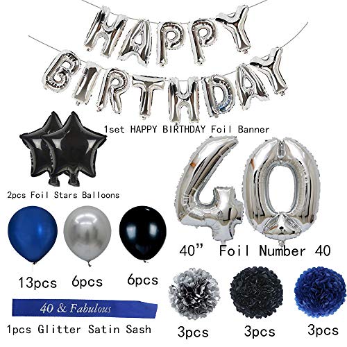 40th-Birthday-Party-Balloons-Kits-40th-Birthday-Party-Supplies-40th-Birthday-Sash-Happy-Birthday-Banner-40th-Silver-Number-Balloons-SilverBlackNavy-Blue-Paper-Pom-Poms