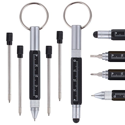 Shulaner 6 in 1 Small Metal Tech Tool Ballpoint Pens with Key Ring, Level, Stylus and Two-head Screwdriver, Multi functional Tool Fits for Mens Gift, Pack of 2