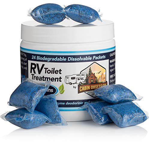Cabin Obsession RV Toilet Treatment Drop Ins - 24 Easy Flush Self-Dissolving RV Black Tank Treatment Packets - Eliminate Odors and Break Down Waste Within Your RV Holding Tank
