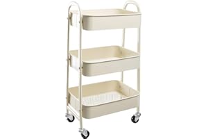 AGTEK Makeup Cart, Movable Rolling Organizer Cart,3 Tier Metal Utility Cart, Beige