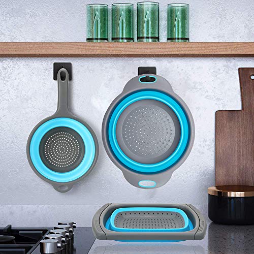 Huanlemai 3-Packs Blue Kitchen Collapsible Colander with Extendable Handles Over The Sink - BPA Free Silicone Folding Strainer for Draining Pasta, Vegetable, Fruit (6qt, 4qt, 2qt) - Thumbnail 4