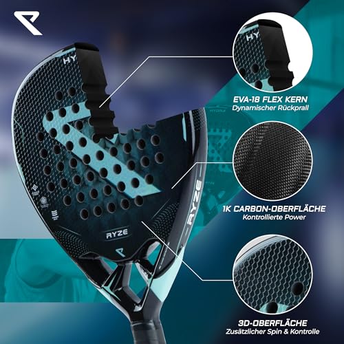 RYZE Hydra Padel Racket Made of 100% Carbon Fibre - Maximum Power, Control & Precision - 365 g with EVA 18 Foam - Unisex Padel Racket for Men & Women - Padel Racket Set with Free Case