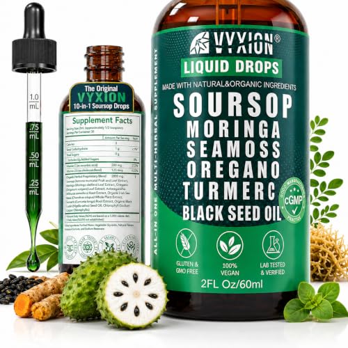 Soursop Bitters Liquid Drops 10 in 1 with Sea Moss, Moringa, Turmeric, Black Seed Oil, Oregano, Ashwagandha | Herbal Extracts for Overall Health-Enhancing | Vegan, Non-GMO | 2 Fl Oz