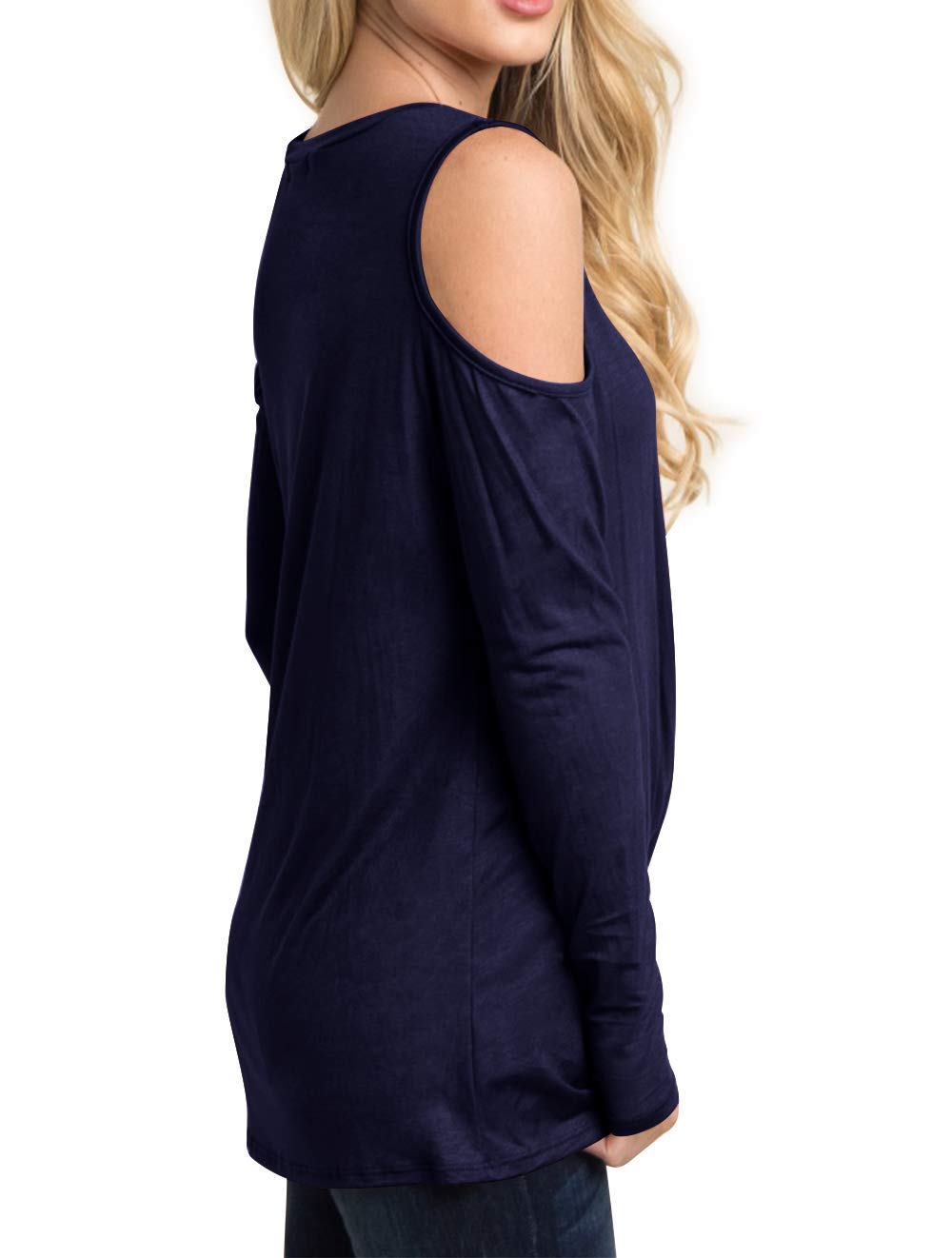 Eanklosco Cold Shoulder Tops Women Off Shoulder Blouses Long Sleeve Shirts with Front Knot Design Tunics Navy Blue M/UK 10