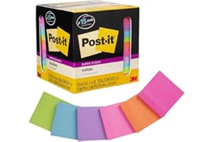 Post-it Super Sticky Notes, Assorted Bright Colors, 3x3 in, 15 Pads/Pack, 45 Sheets/Pad, 2X The Sticking Power, Recyclable, Multi-Color