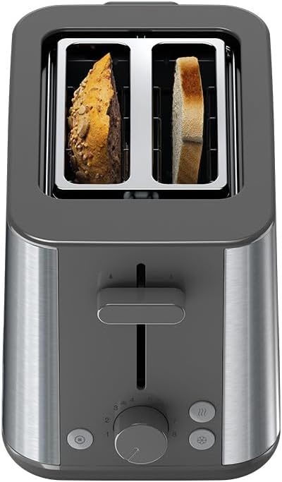 PurShine HT1510GY, Toaster mit 2 Schlitzen, 8 Bräunungsstufen, Aufwärm- und Auftaufunktionen, Krümelschublade, 900 W, Grau
