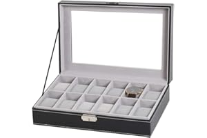 LIANTRAL Watch Box for Men, 12 Slots Leather Watch Display Case Organizer Watch Holder, Glass Top (Black)