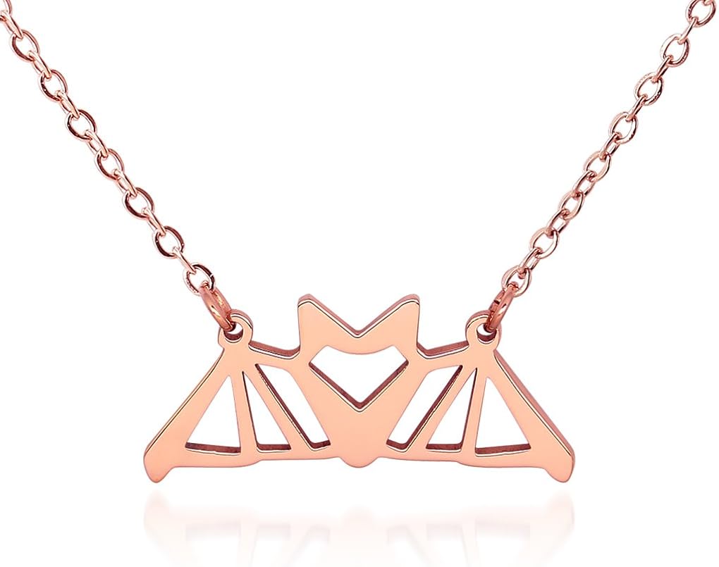 HANFLY Bat Pendant Necklace Love Heart Bat Jewelry for Women Origami jewelry 16.5"+1.5" Extender, Rose Gold