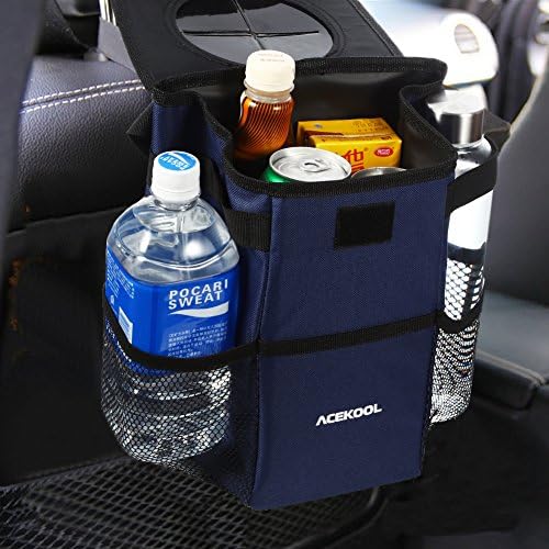 Acekool Waterproof Car Trash Can, Car Trash Bag with Lid and Storage Pockets Collapsible Car Garbage Can Adjustable Strap Fits to Headrest or Door Handle (10 PCS Garbage Bags Inclued)-Blue