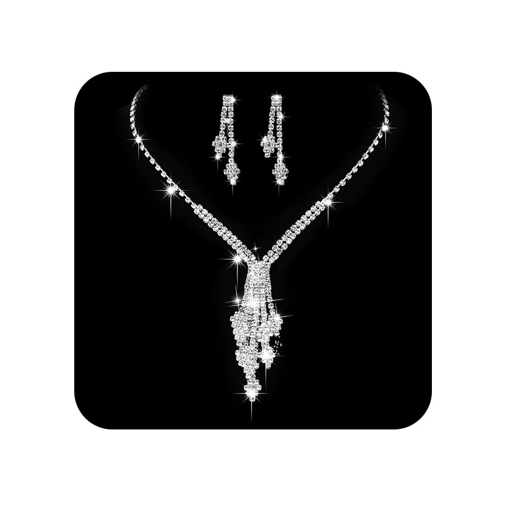 Relandy Silver Bride Wedding Jewellery Set Crystal Bridal Necklace Earrings Sets Rhinestone Jewelry Earrings Set for Women and Girls