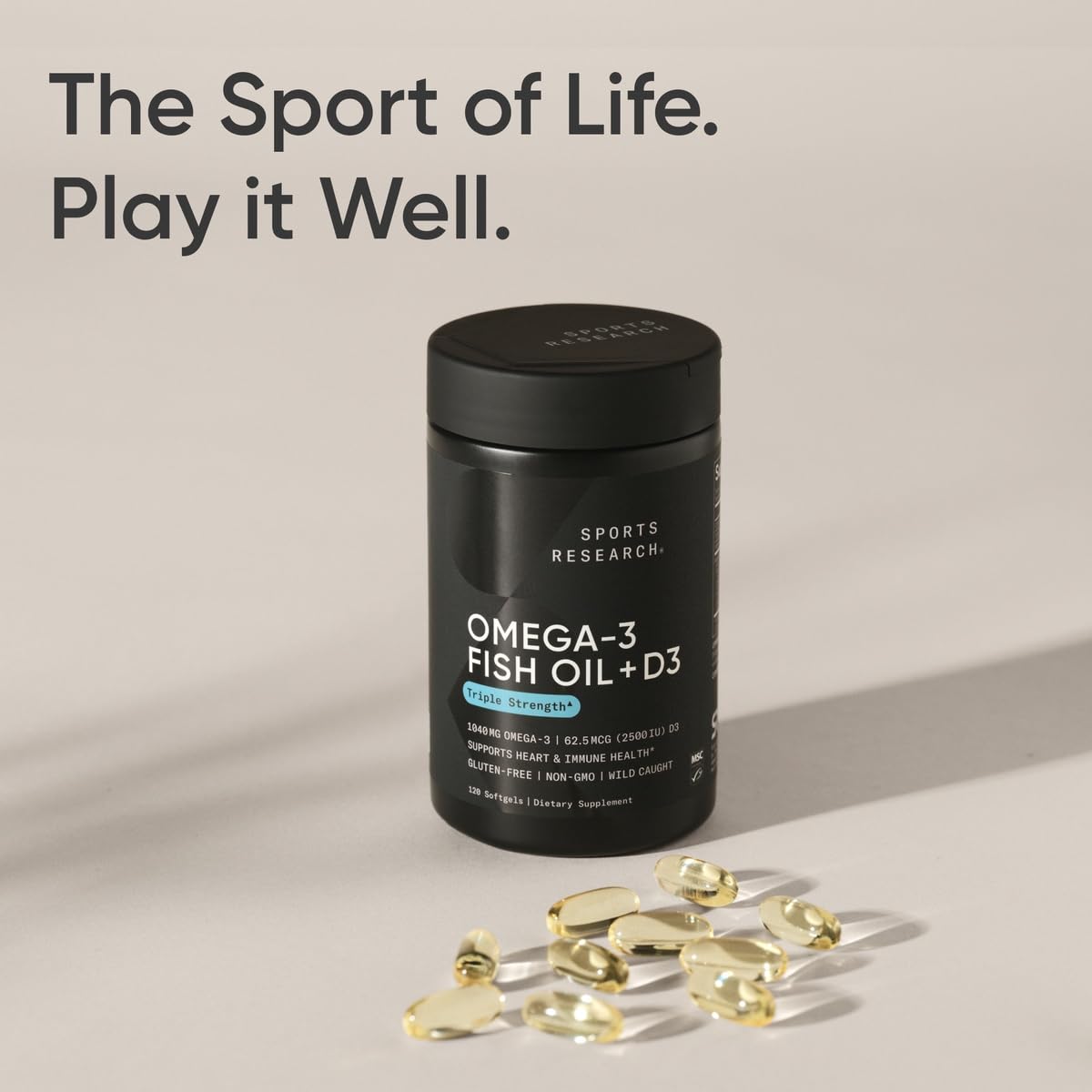Sports Research Alaskan Omega-3 Fish Oil 1040mg + Vitamin D3 2500iu - Supports Brain & Heart Health - MSC Certified Sustainable · Wild-Caught · Non-GMO · Triglyceride Form - 120 Count Softgels