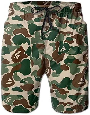 Men's Bape Ape Camo Green Swim Trunks Beach Shorts Pants with Mesh Lining Pockets for Dad,Size M
