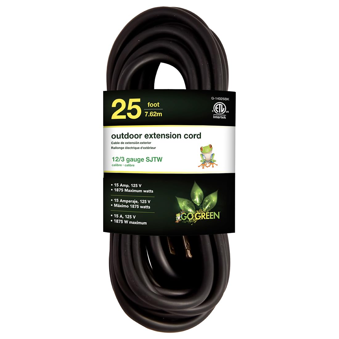 Go Green Power Inc. (G-14025BK) 12/3 SJTW Outdoor Extension Cord, Black, 25 ft Image
