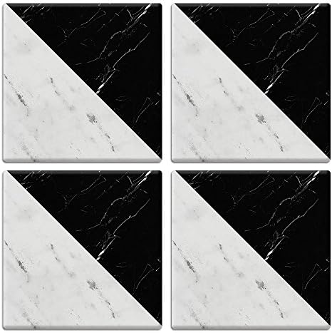 CARIBOU Absorbent SQUARE Ceramic Stone Coasters 4pcs Set, Mug Coffee Cup Place Mat Home Coasters for Hot &amp; Cold Drinks, Half Black White Marble