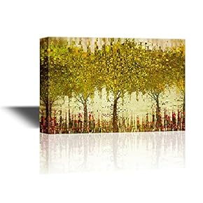 Canvas Wall Art - Abstract Glitter Golden Trees with Red Flowers - Gallery Wrap Modern Home Art | Ready to Hang - 12x18 inches
