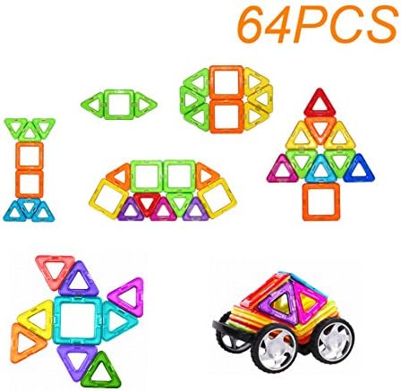 Magnetic Blocks Stack Toys - 64 Pieces Set Kids Construction Double Sided Building Blocks Set for Creativity Educational , Includes Wheels &amp; Carrying Case for Building Cars