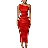 LAGSHIAN Women's Sexy Bodycon Cocktail One Shoulder Sleeveless Mesh Ruched Midi Party Dress