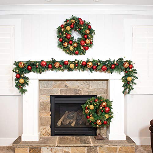 [30 Inch Artificial Christmas Wreath] - Christmas Classic Collection - Red and Gold Decoration - Pre Lit with 50 Warm Clear LED Mini Lights - Includes Remote Controlled Battery Pack with Timer - Thumbnail 7